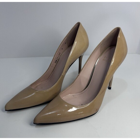 Women Stuart Weitzman Heels Pumps 6M Beige Spain Patent Leather Pointed Toe Shoe - Picture 1 of 9